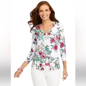Talbots  MP Botanical Cardigan  Cotton Blend 3/4 Sleeve Garden Party Preppy